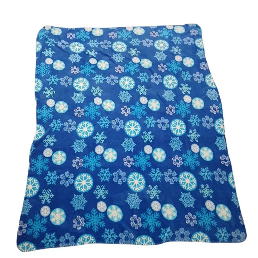 2 Soft Christmas Decor Throw Blankets Red Poinsettia & Blue Snowflakes 55